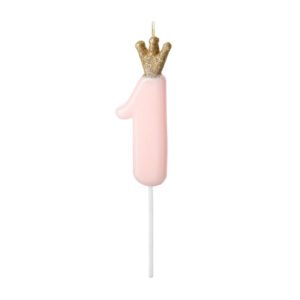 vela aniversário número 1 rosa com coroa dourada para bolo