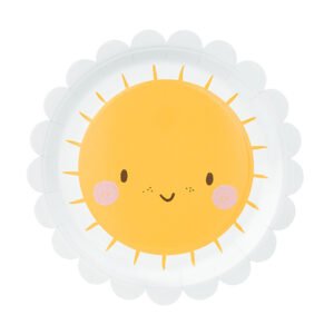 Prato descartável infantil em forma de sol amarelo sorridente de 18 cm