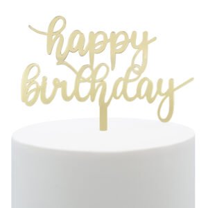 Topper dourado Happy Birthday em acrílico para decoração de bolo de aniversário.