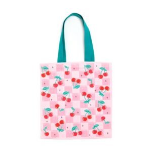Tote bag reutilizável rosa com padrão de cerejas e alças verde água.