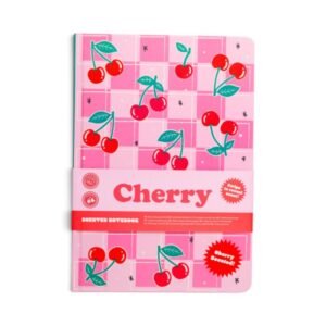 Caderno perfumado A5 Cherry rosa com padrão de cerejas.