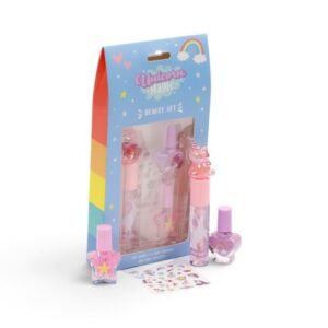 Set de maquilhagem infantil Unicórnio com brilho labial, vernizes e autocolantes para unhas