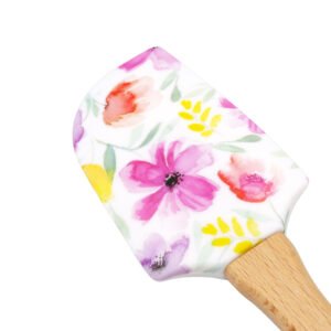 Espátula de silicone floral com flores coloridas e cabo de madeira