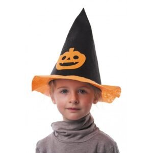 Chapéu de bruxa infantil preto e laranja com abóbora para Halloween