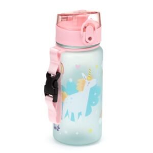 Garrafa infantil unicórnio de 350 ml azul e rosa com alça
